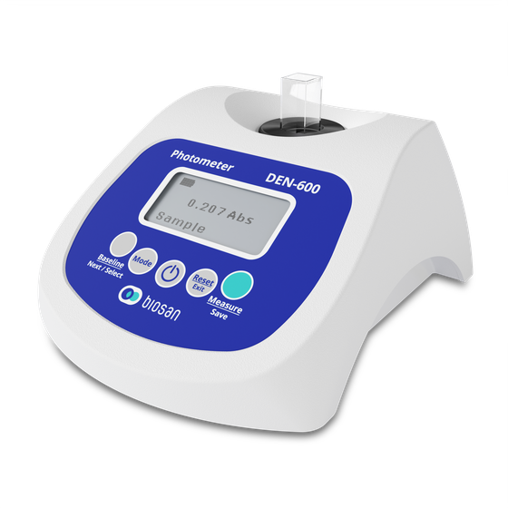 Biosan DEN-600 rechargeable laboratory photometer with 600 nm optical system for OD600 cell density, McFarland turbidity and Bradford protein assay measurement