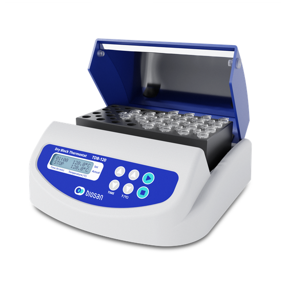Biosan TDB-120 dry block thermostat with microprocessor temperature control and built-in aluminum heating block for constant sample incubation in microtubes