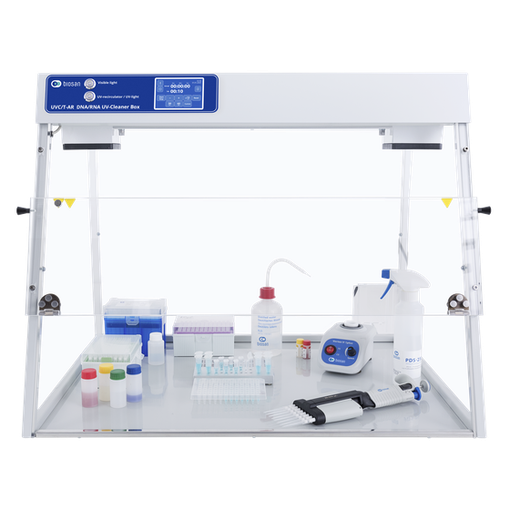 Biosan UVC/T-AR PCR cabinet with UV-C decontamination and patented UV air recirculator for contamination-free DNA/RNA sample preparation with Plexiglas walls