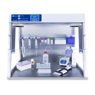 Biosan UVC/T-M-AR PCR cabinet with UV-C decontamination and patented UV air recirculator for contamination-free DNA/RNA sample preparation with glass side walls
