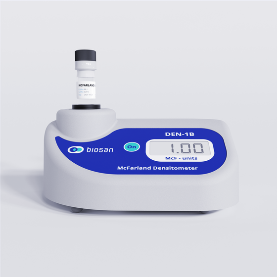 Biosan DEN-1B McFarland densitometer for measuring bacterial suspension density, with digital display, powered from batteries or external supply, frontal view