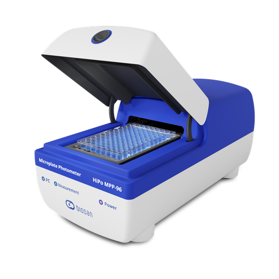 Biosan HiPo MPP-96 microplate photometer for absorbance measurement in 96-well microplates and ELISA assays, open lid
