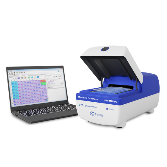 Biosan HiPo MPP-96 microplate photometer for absorbance measurement in 96-well microplates and ELISA assays seen with PC nearby, software included