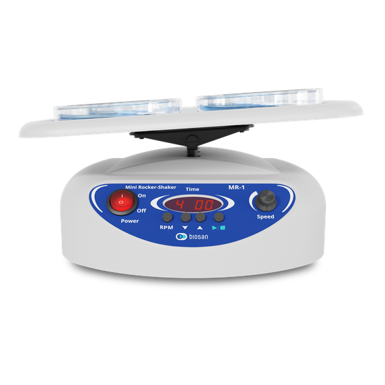 Biosan MR-1 Mini-Rocker Shaker for gentle rocking and mixing of biological samples in laboratory applications, front view