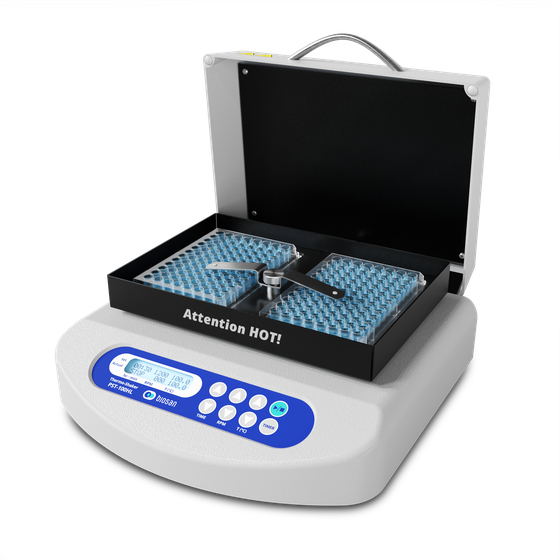 Biosan PST-100HL laboratory thermo-shaker with temperature control and shaking function, holding two microplates, opened heated lid, isometric view