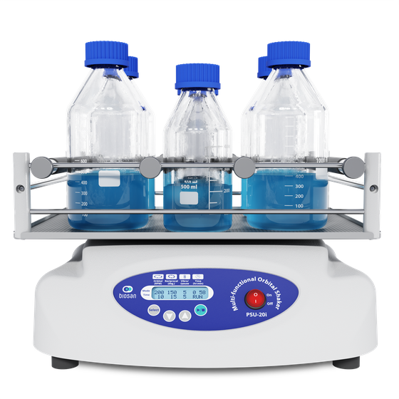Biosan PSU-20i orbital shaker with programmable orbital, reciprocal and vibrating motion, brushless motor and interchangeable platforms for precise laboratory mixing workflows, front view