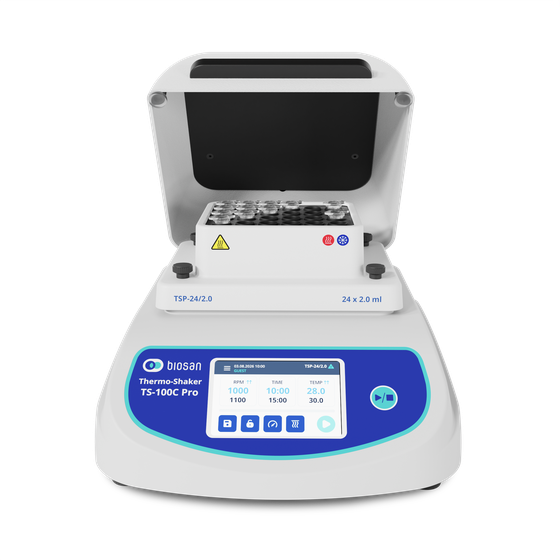 Biosan TS-100C Pro compact thermo-shaker with interchangeable thermoblock, touchscreen control and high-speed sample mixing.