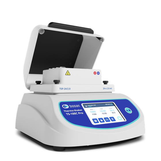 Angled view of the compact Biosan TS-100C Pro thermo-shaker fitted with an interchangeable thermoblock and capped sample tubes.